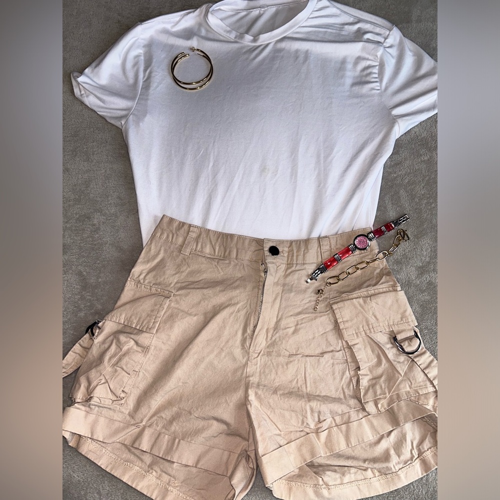 Women's Beige Cargo Shorts - Picture 1 of 4